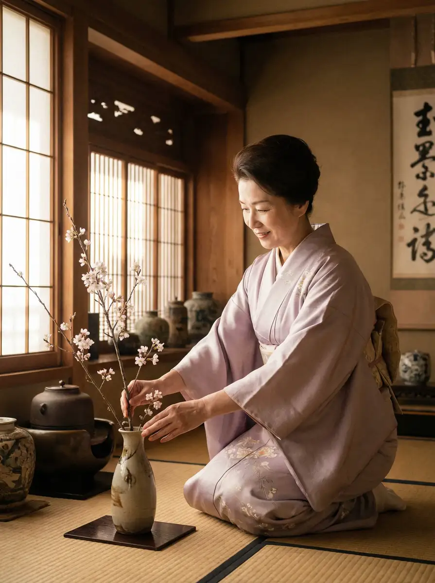 一位优雅的 51轻量 在和室中插花